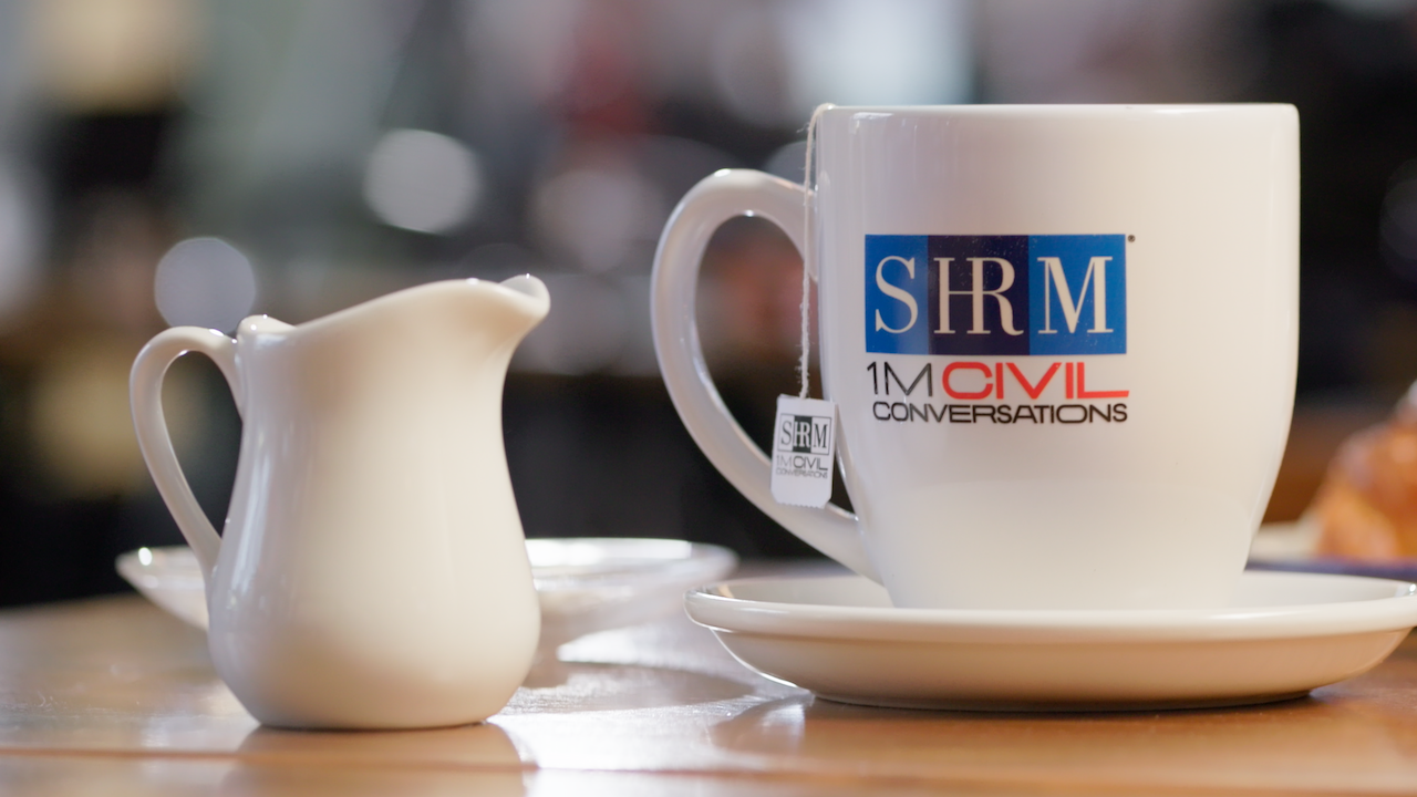 tea cup with SHRM civility campaign branding