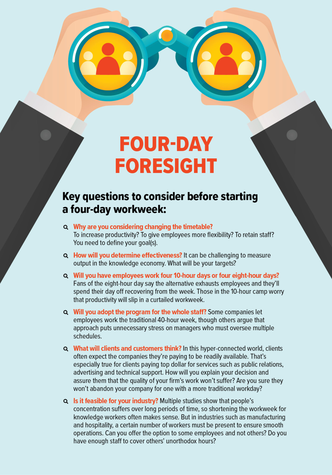 An infographic titled 'Four-Day Foresight' with binoculars highlighting key questions to consider before implementing a four-day workweek, touching on company goals, measuring effectiveness, and the feasibility for different industries.