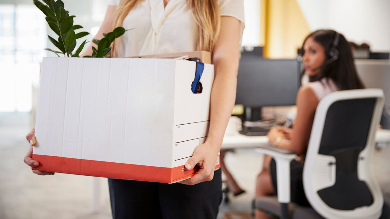 A woman holding a box with a plant in it in an office.