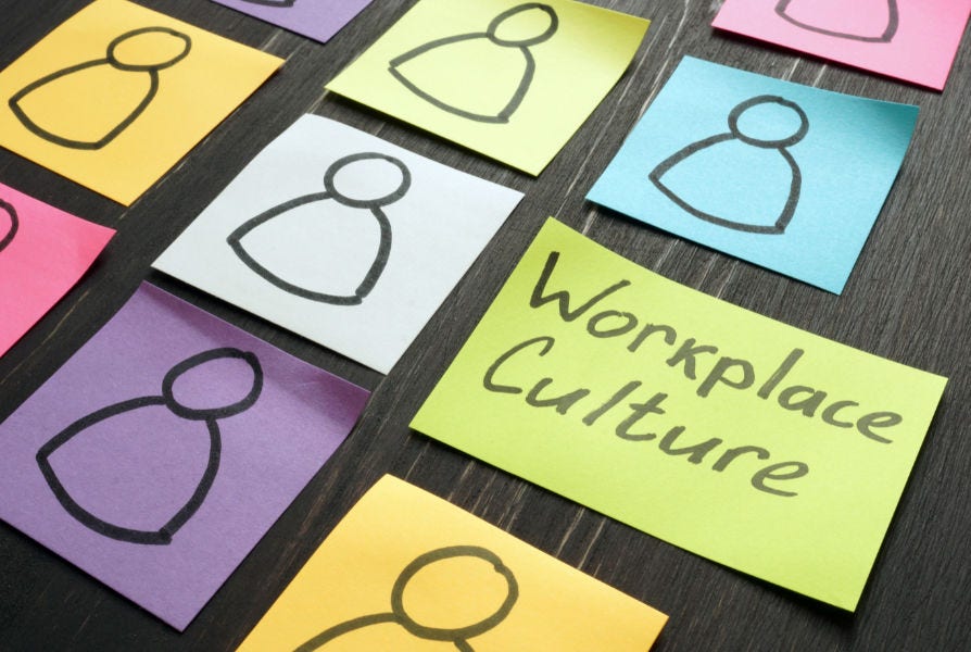 post-it notes on a desk with people figures and the word workplace culture