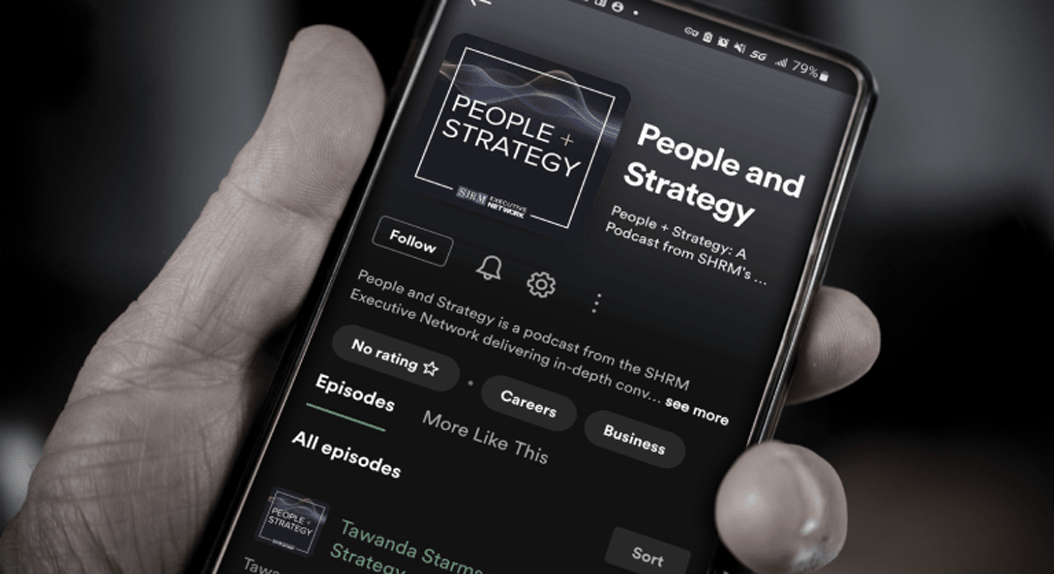 mobile phone showing the People + Strategy podcast