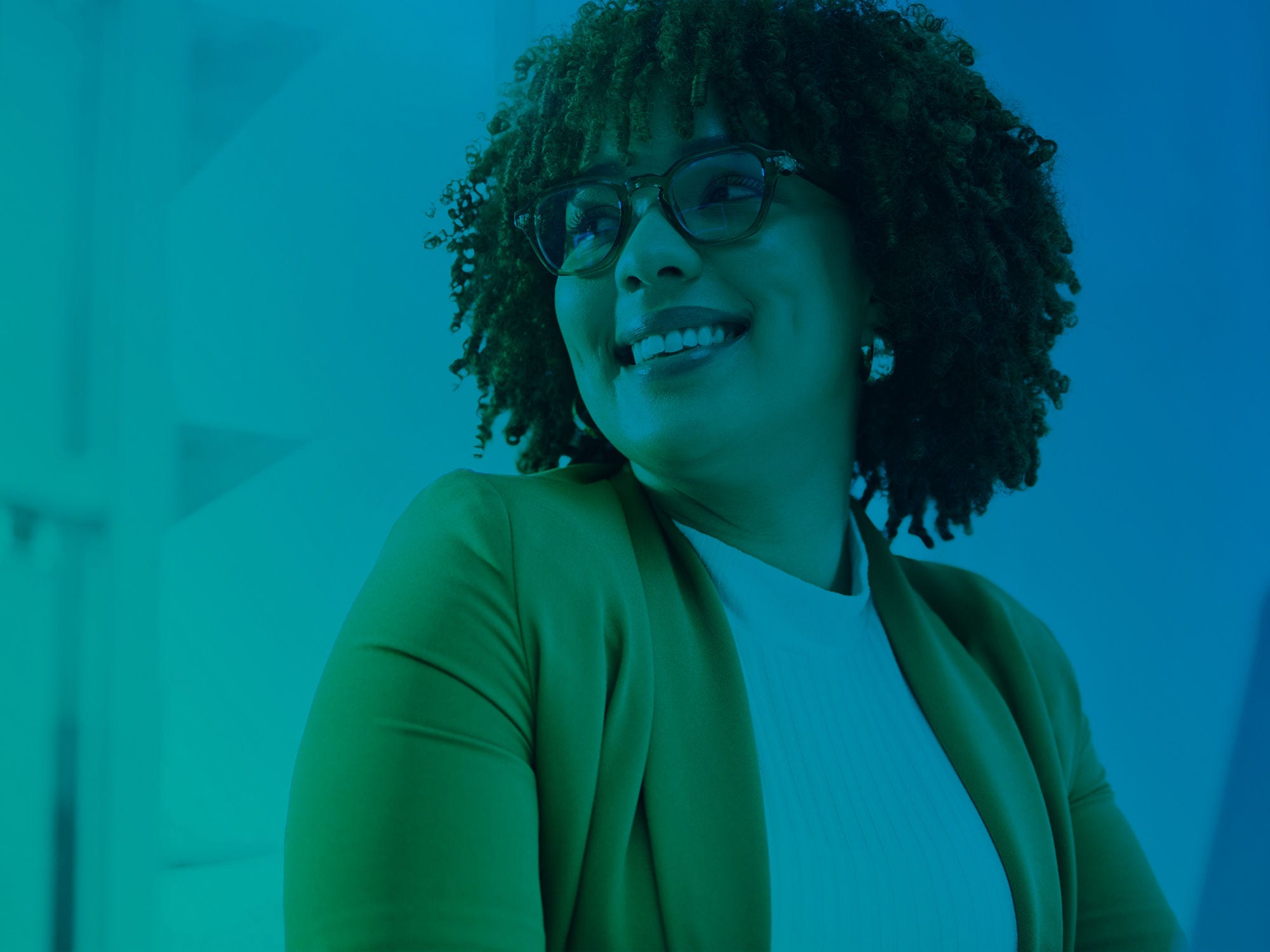 Woman at office, glasses on face with happy smile 