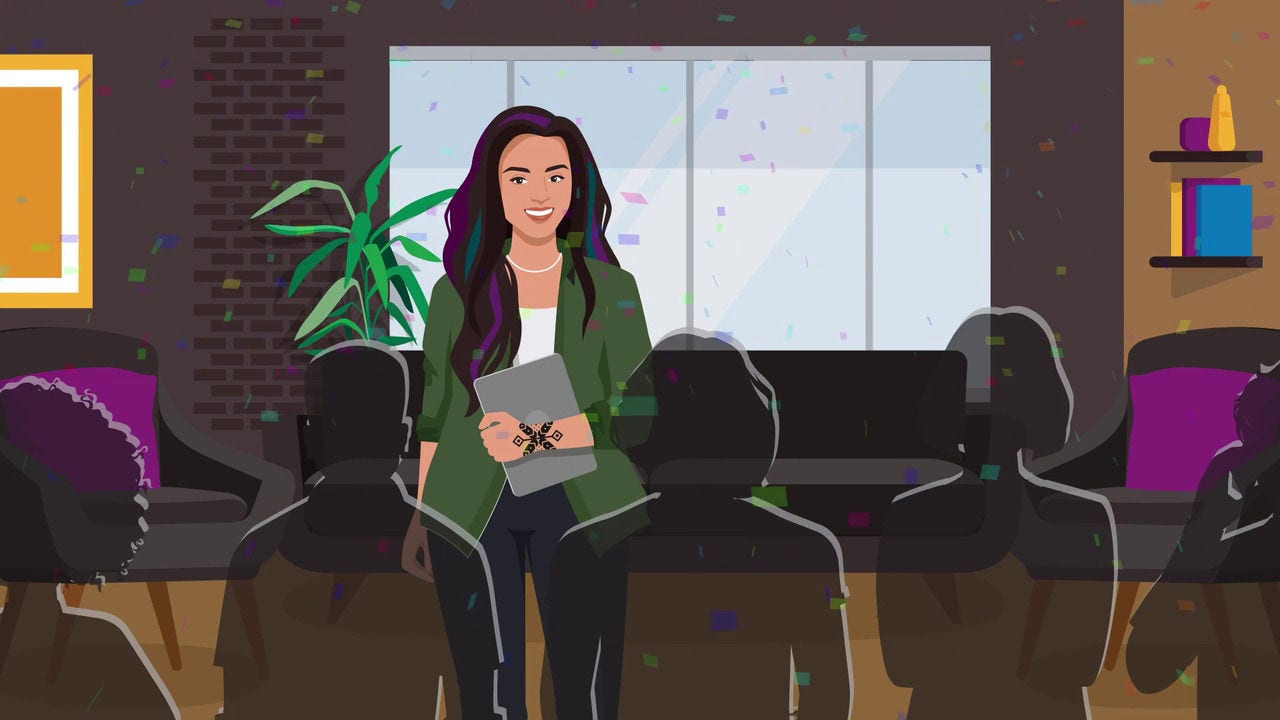 Illustration of a woman speaking in front of a crowd in a coffee shop.