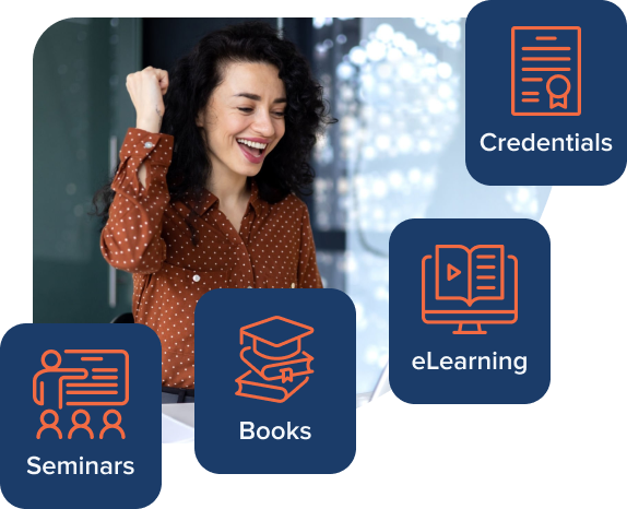 Happy Worker looking at credentials, eLearning, Books, & Seminars