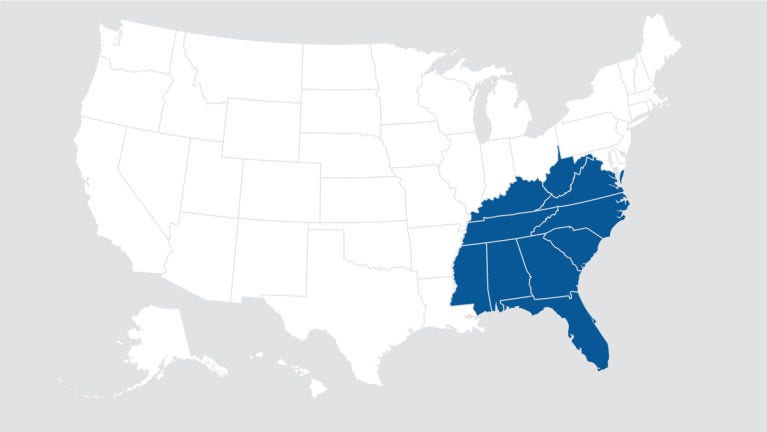 Map showing the Southeast Region states