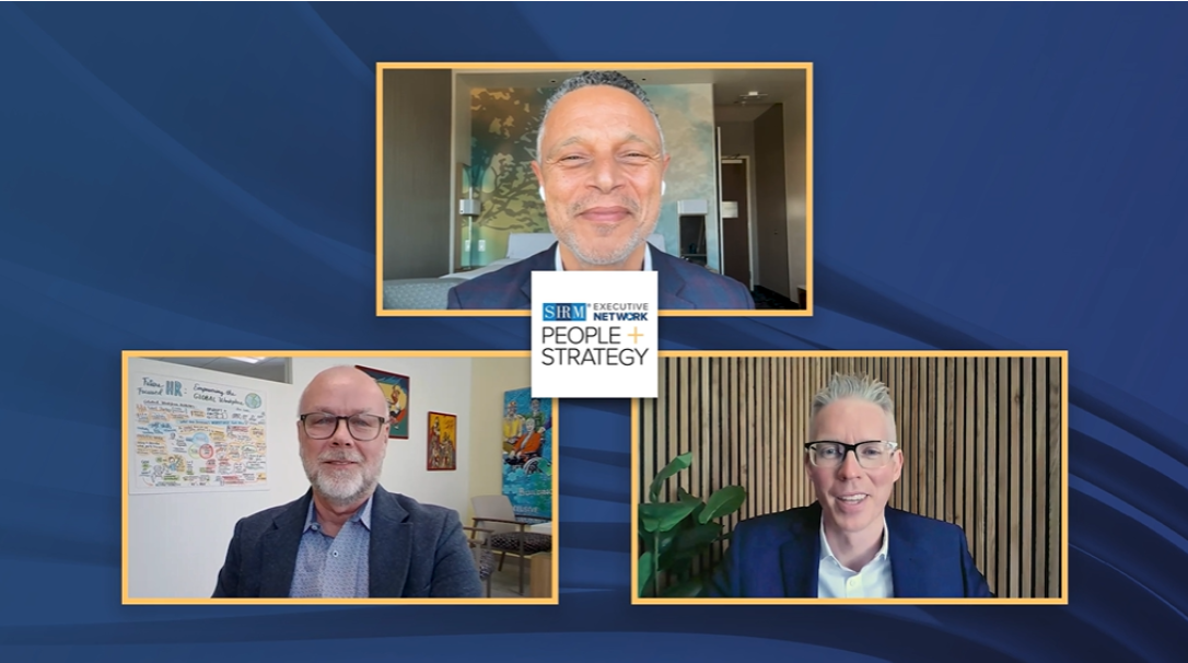 Screenshot of People + Strategy video podcast with host Mo and guests James Atkinson and Jim Link