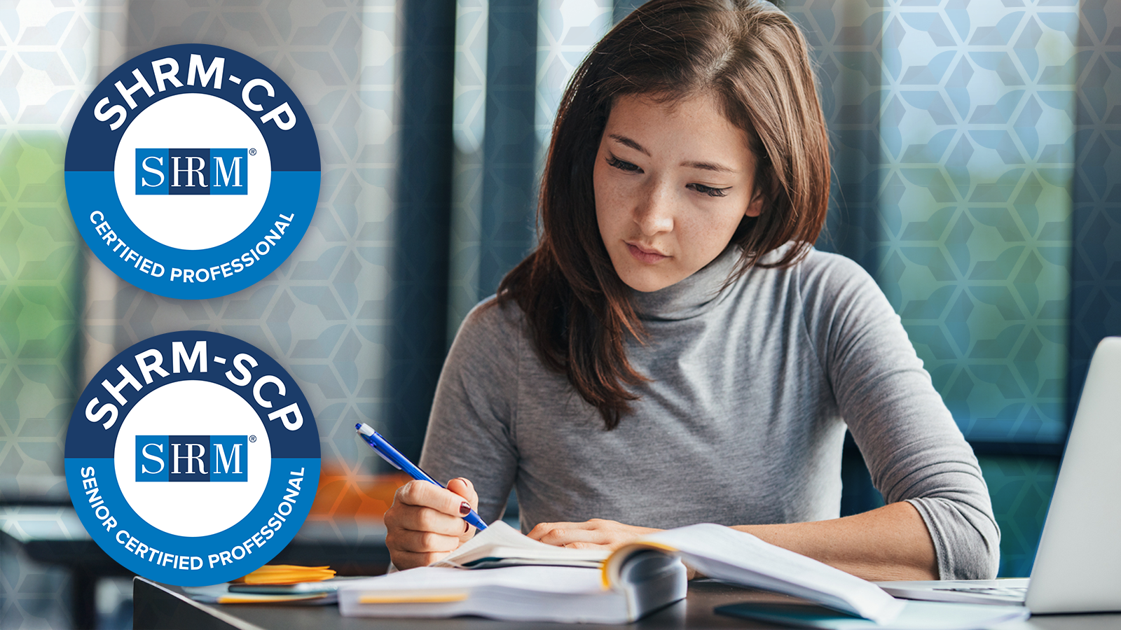 Person preparing for SHRM Certification with SHRM-CP and SHRM-SCP badges