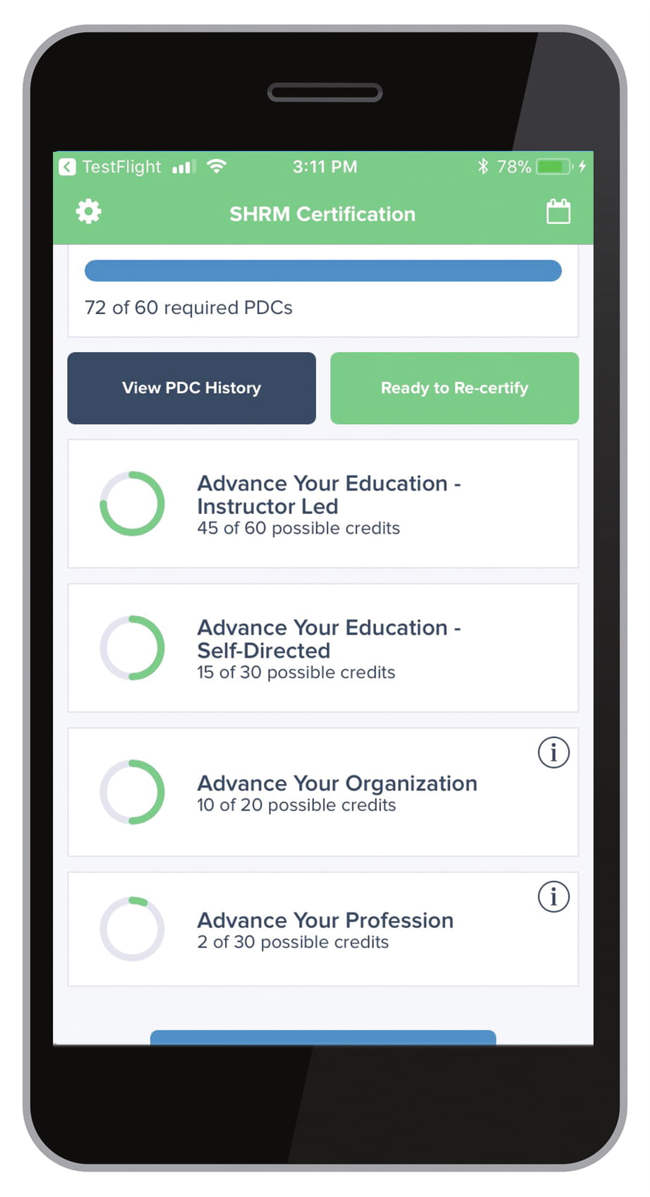 Image of the SHRM Certification app on an iPhone.