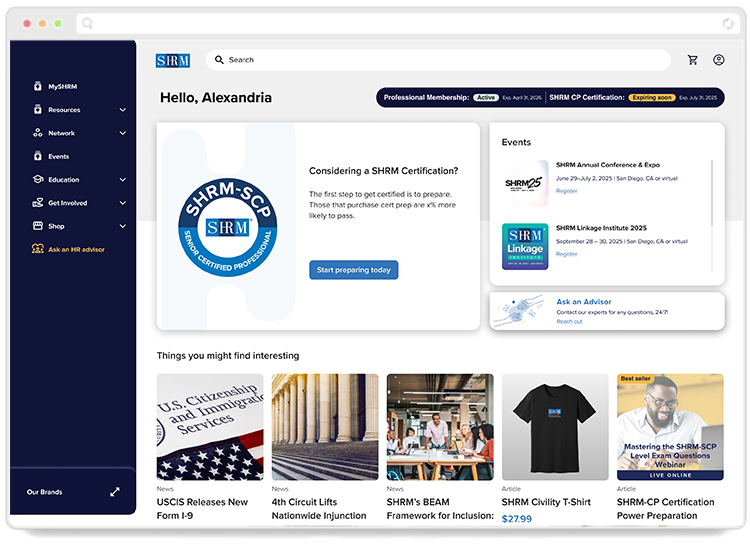 screen grab of the new SHRM dashboard