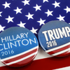 Campaign buttons for Clinton and Trump.
