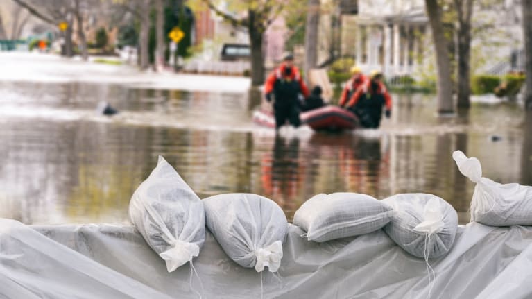 Sandbags protecting area from flooding.