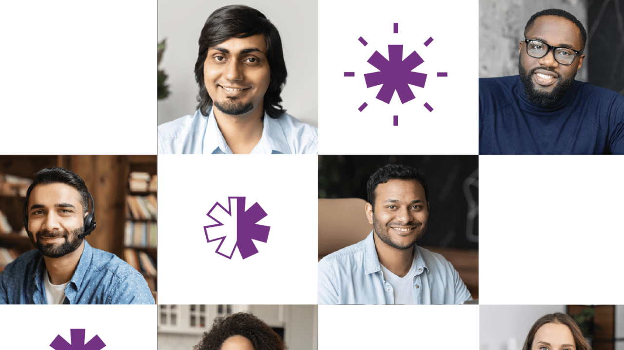 A group of people with different faces and a purple flower.