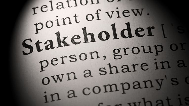A black and white image of the word stakeholder.