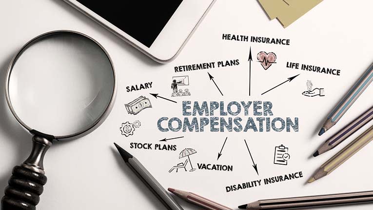 An employee compensation plan with a magnifying glass.