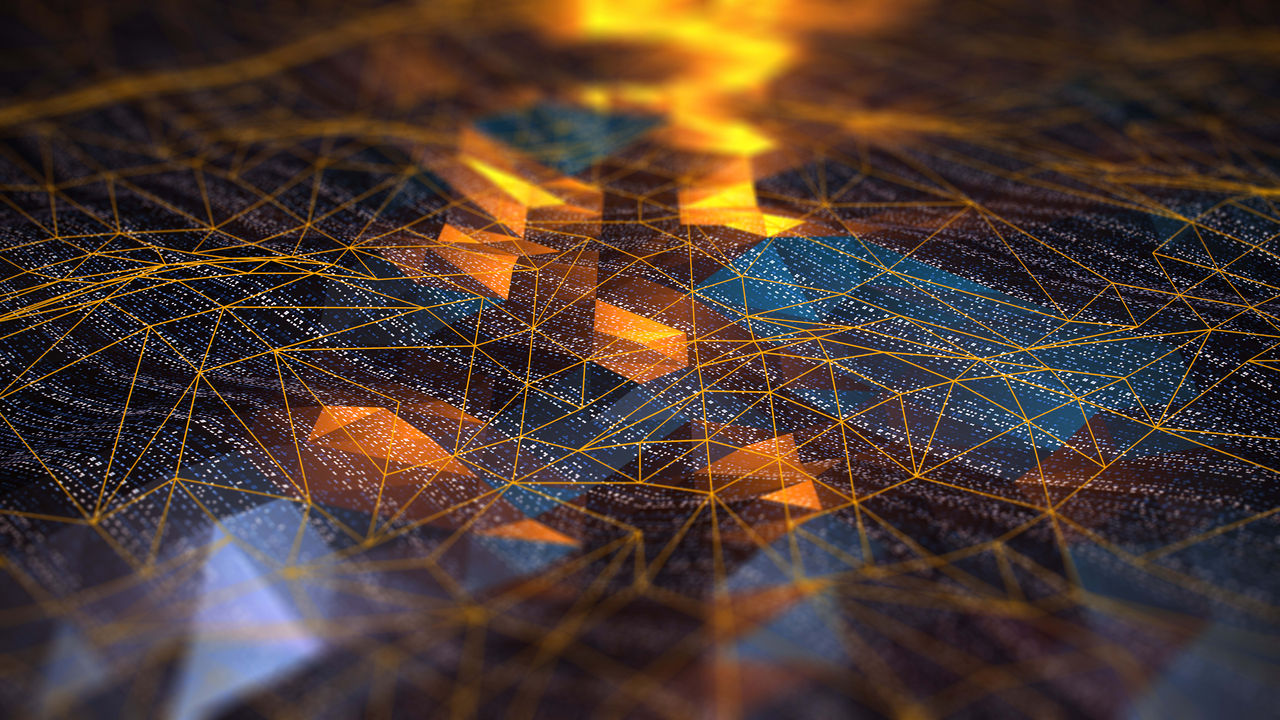 An abstract image of a network of lines and fire.