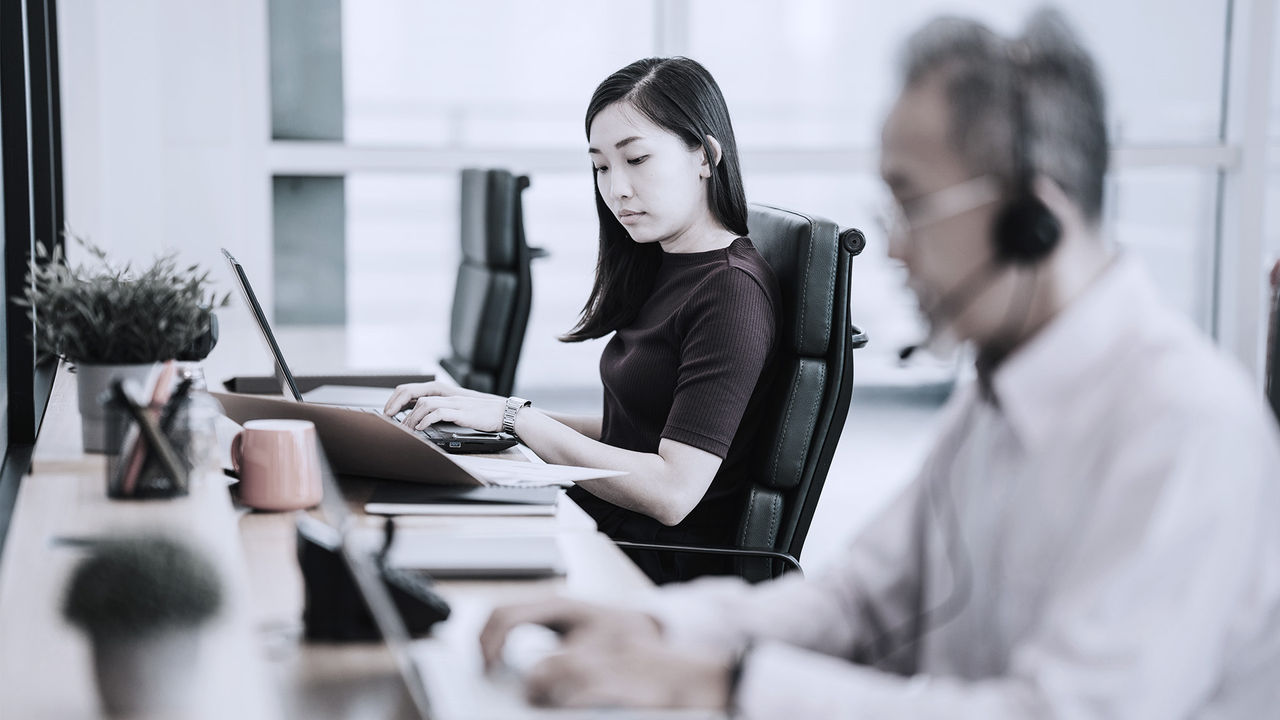 two employees working at office computers