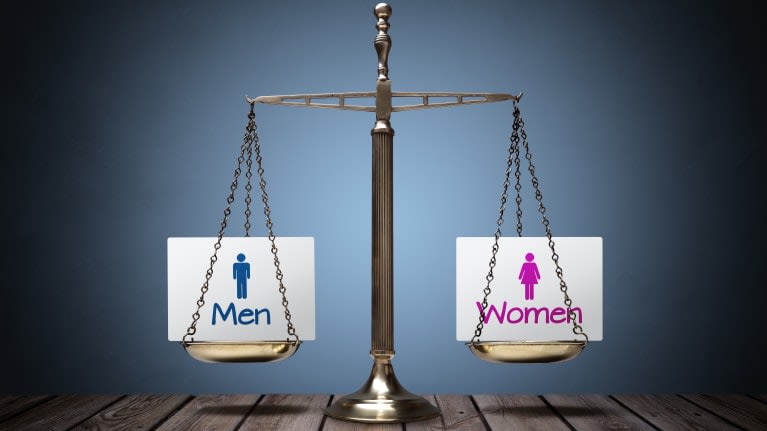 Two scales with the words men and women on them.