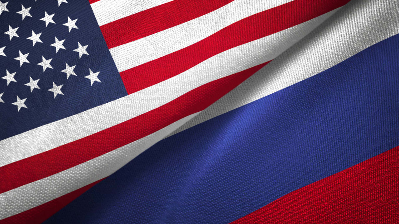 Two american and russian flags.