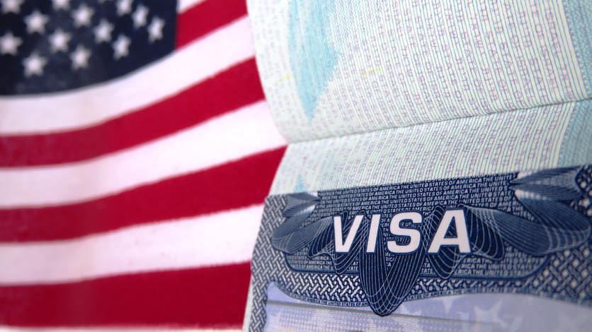 An american flag with a visa in front of it.