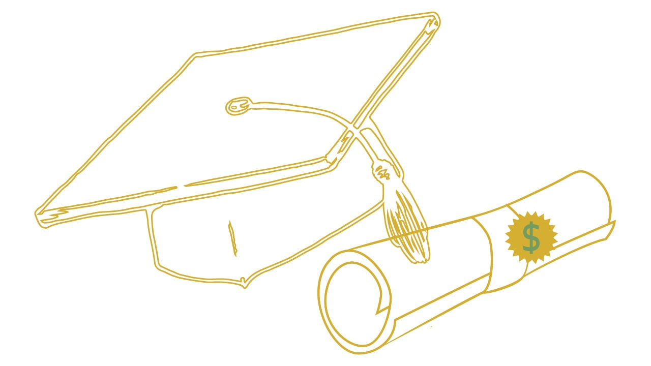 A gold graduation cap and diploma on a white background.