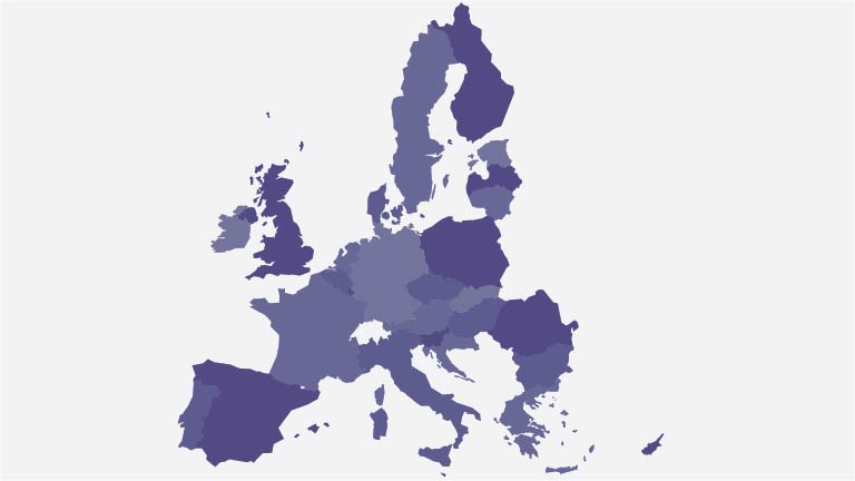 A map of europe with purple areas.
