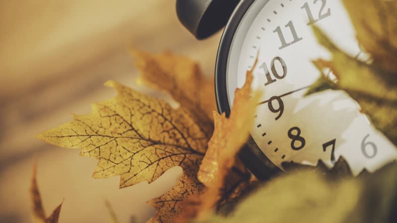 A clock surrounded by autumn leaves.