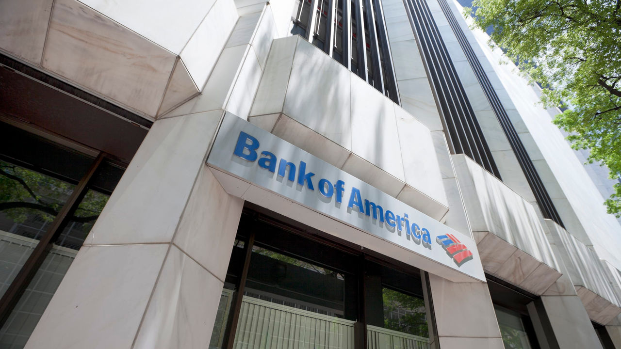 A bank of america building with a sign on it.