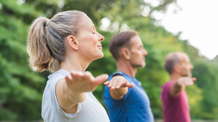 A group of people doing yoga in a park.