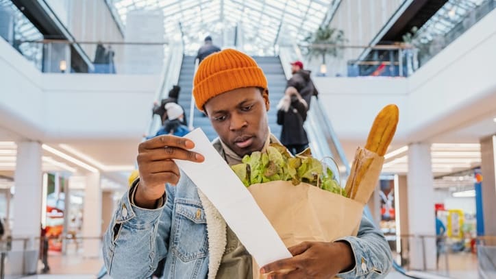 A man in a hat holding a shopping bag in a shopping mall.