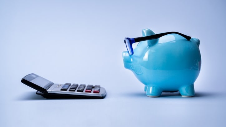 A blue piggy bank with glasses and a calculator.