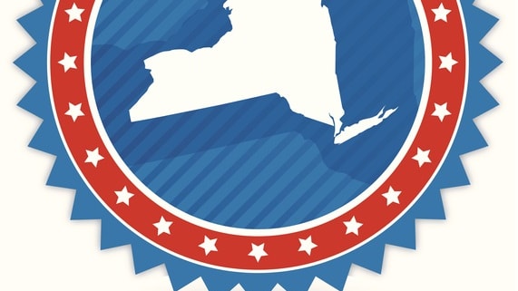 A new york state map in a red, white and blue circle.