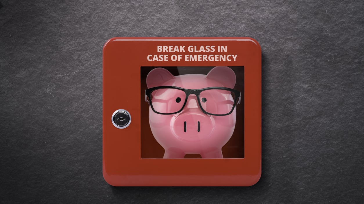 A piggy bank with glasses that says break glass in case of emergency.