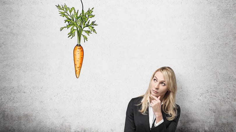 A woman is looking at a carrot hanging from a branch.