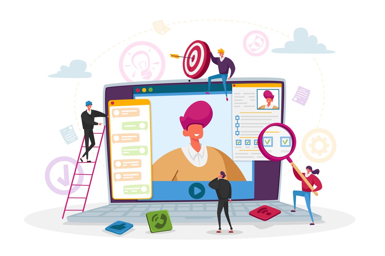 Online Job Interview. Characters Ask Questions to Applicant About Work History Skill Expertise Experience via Internet 