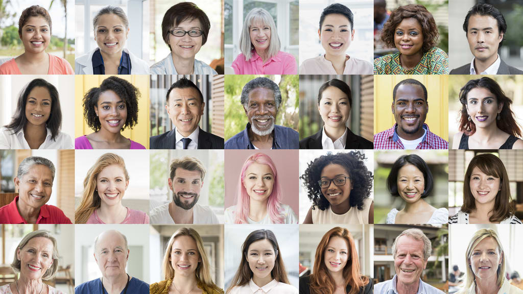 A collage of many people with different facial expressions.