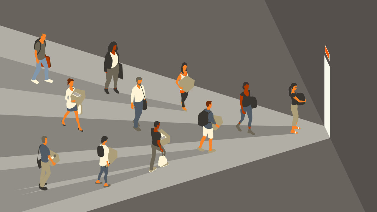 group of people moving towards exit door carrying items