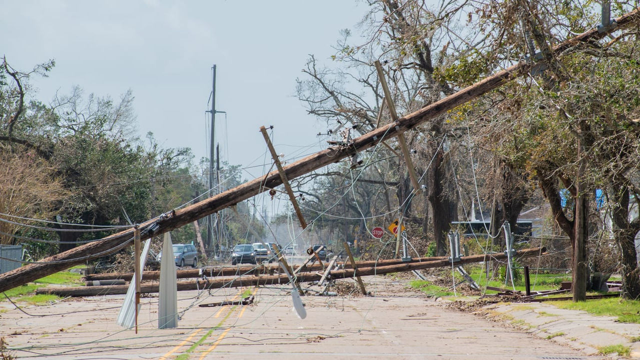A fallen power pole on a street in new orleans, louisiana.