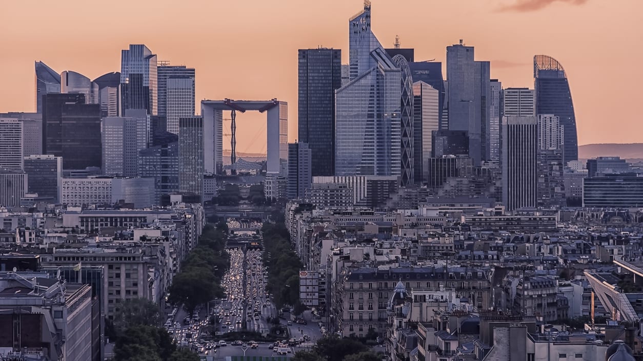 Paris skyline at sunset.