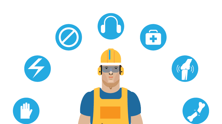A worker wearing a hard hat with icons around him.