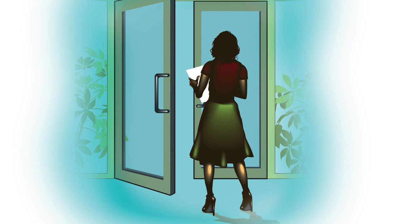 An illustration of a woman standing in front of a glass door.