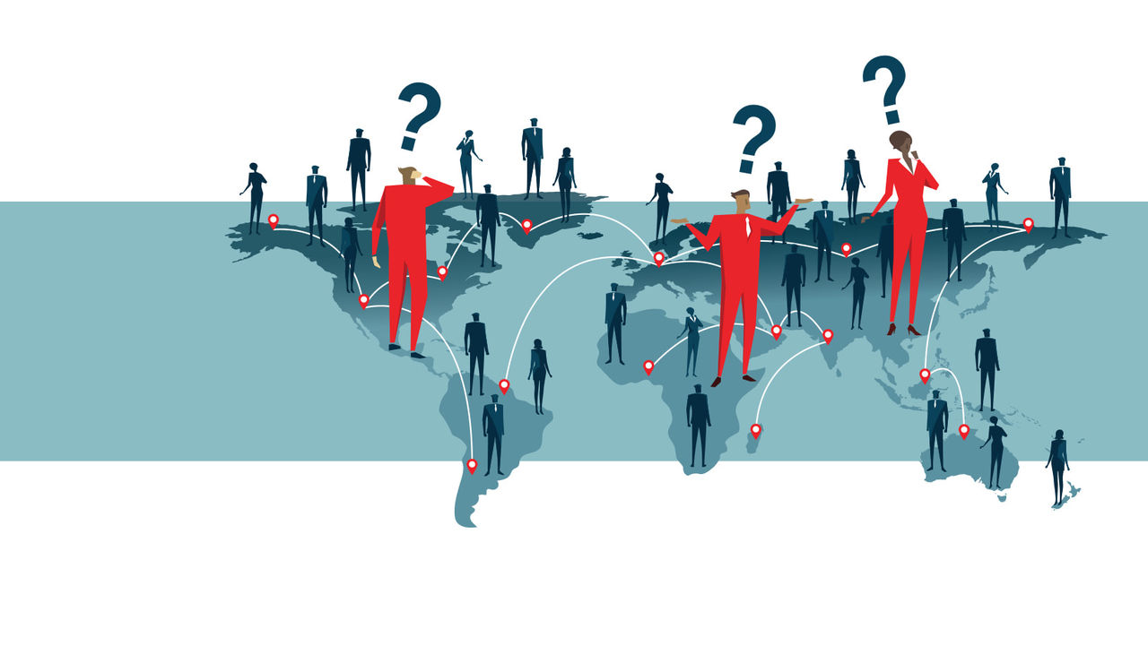 A group of people on a world map with question marks.
