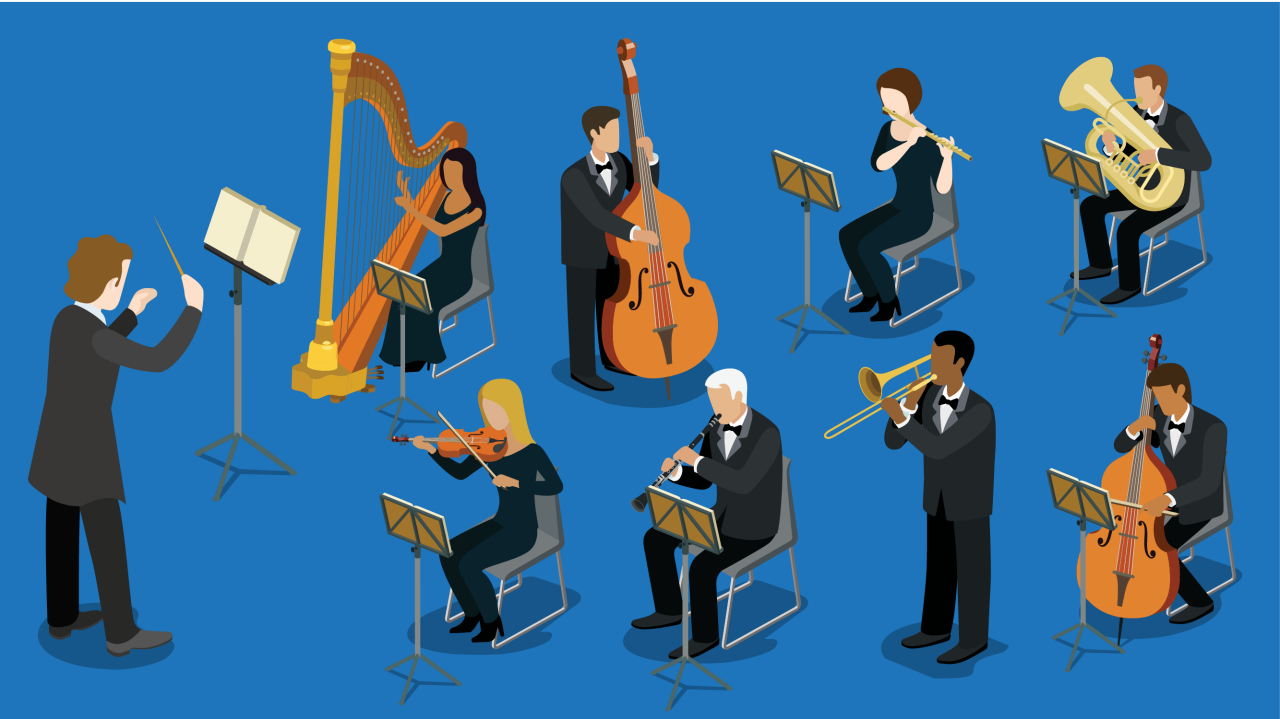 A group of musicians playing instruments on a blue background.