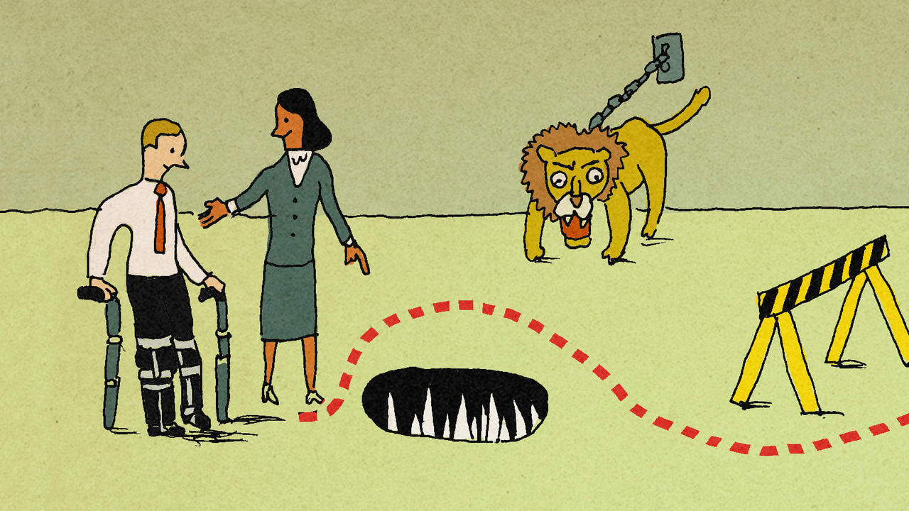 A cartoon of a man and a woman standing next to a lion.