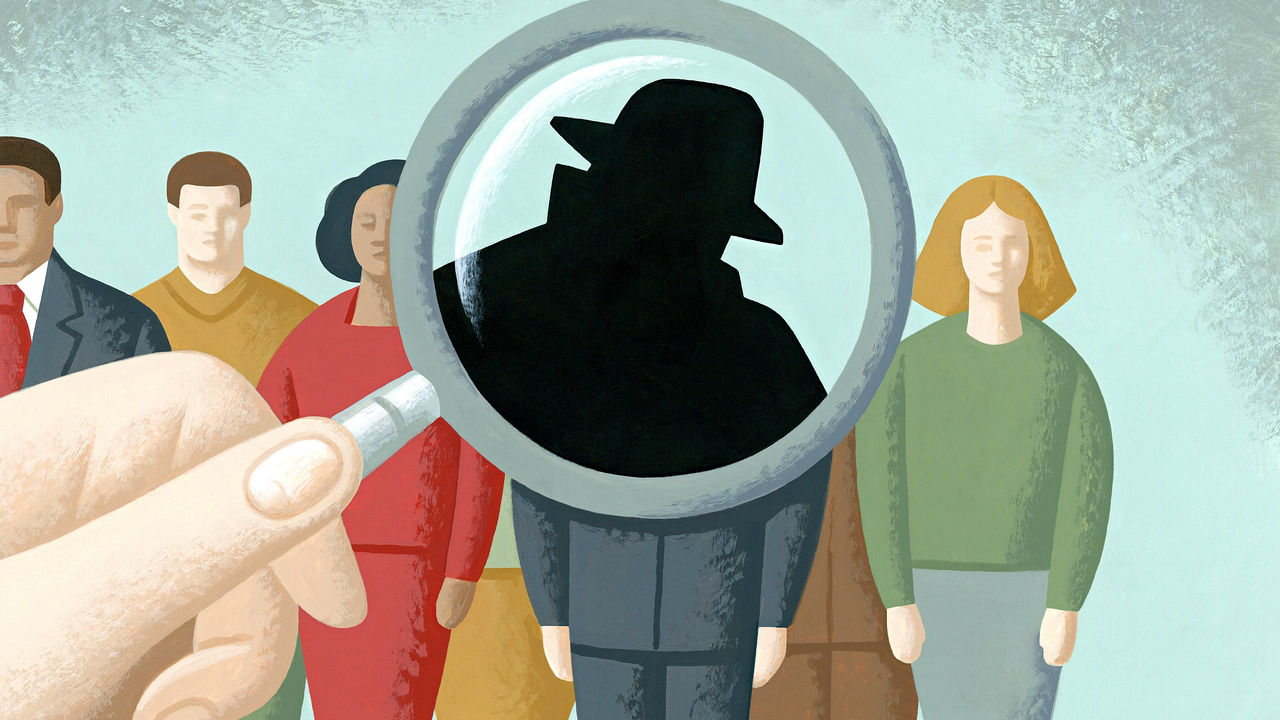 An illustration of a person holding a magnifying glass in front of a group of people.