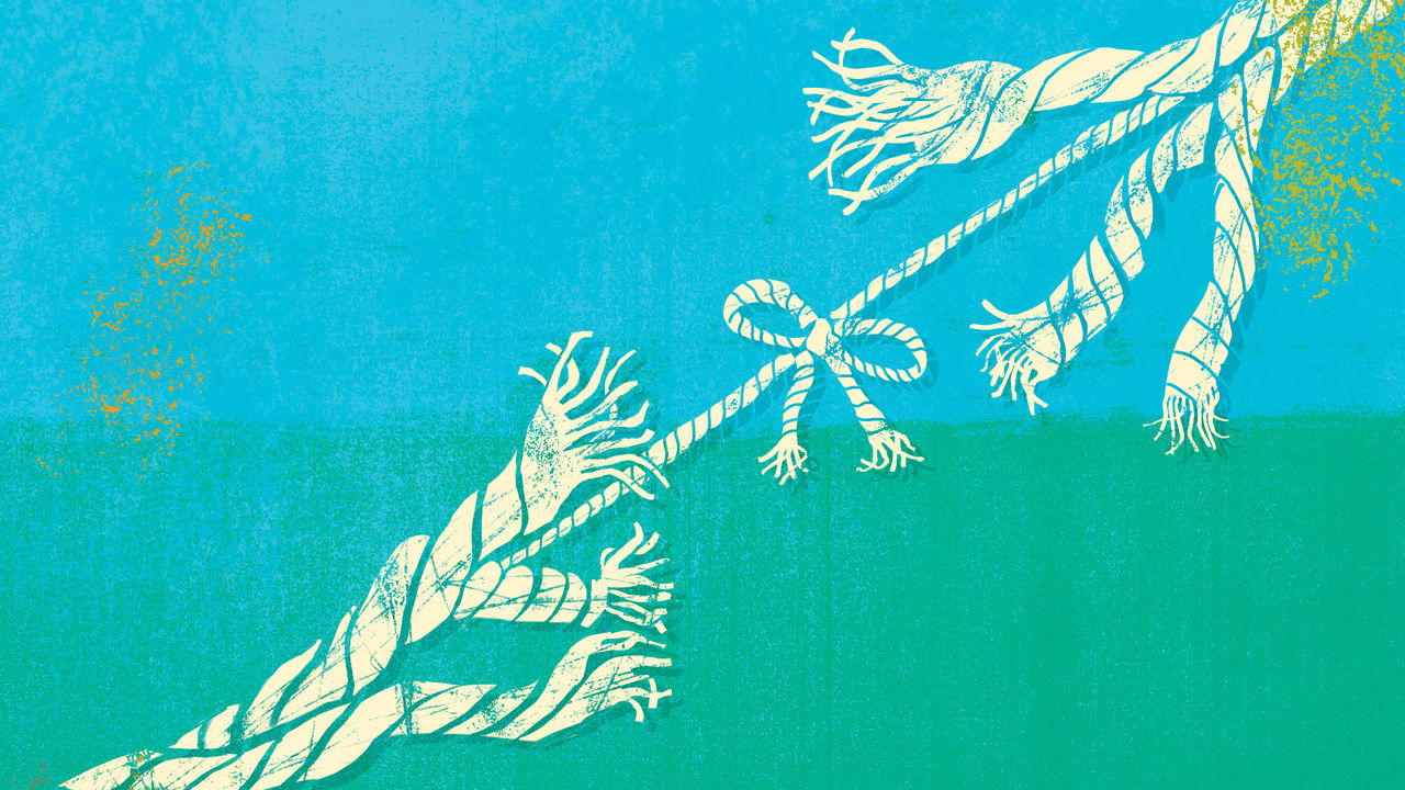 A drawing of a rope tied to a blue background.