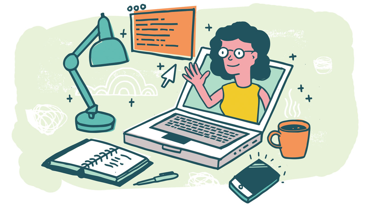 A cartoon illustration of a woman working on a laptop.