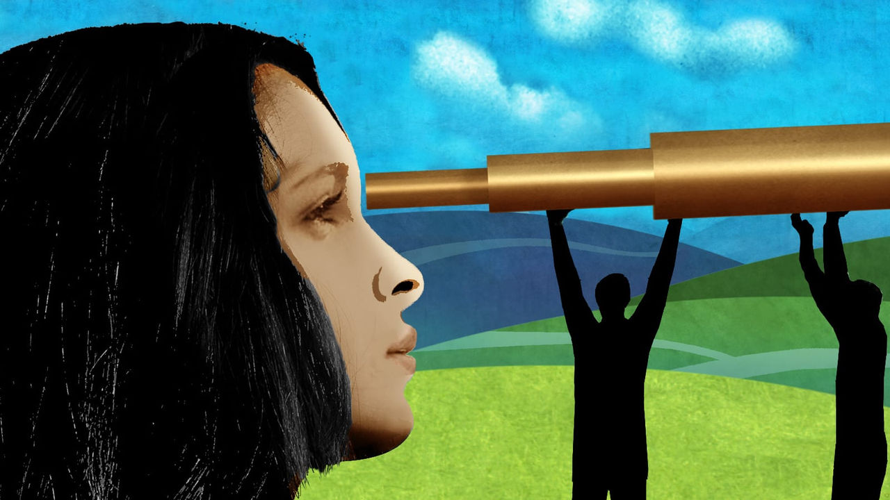 An illustration of a woman looking through a telescope.