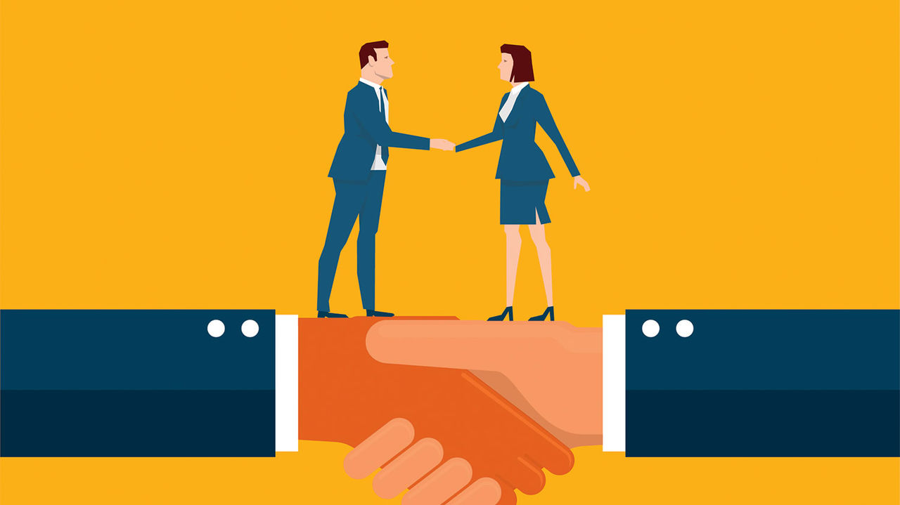 A businessman and woman shaking hands on top of a yellow background.