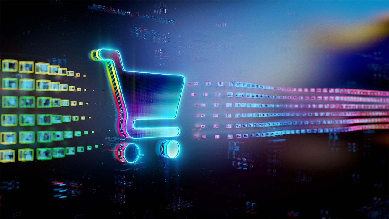 A modern cartoon of a shopping cart surrounded by multicolored lights