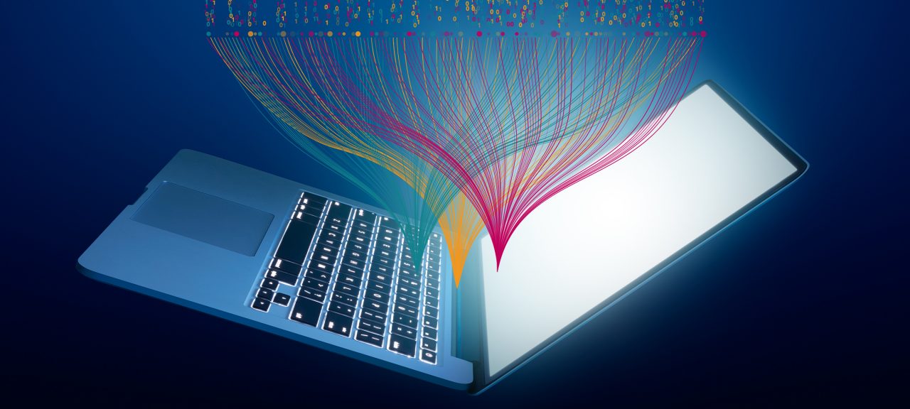 open laptop with symbolic lines coming out of it